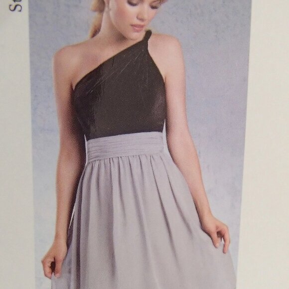 Knee-Length Chiffon Bridesmaids Dress, Black Velvet 1-Shoulder Empire Cummerbund - Picture 5 of 6